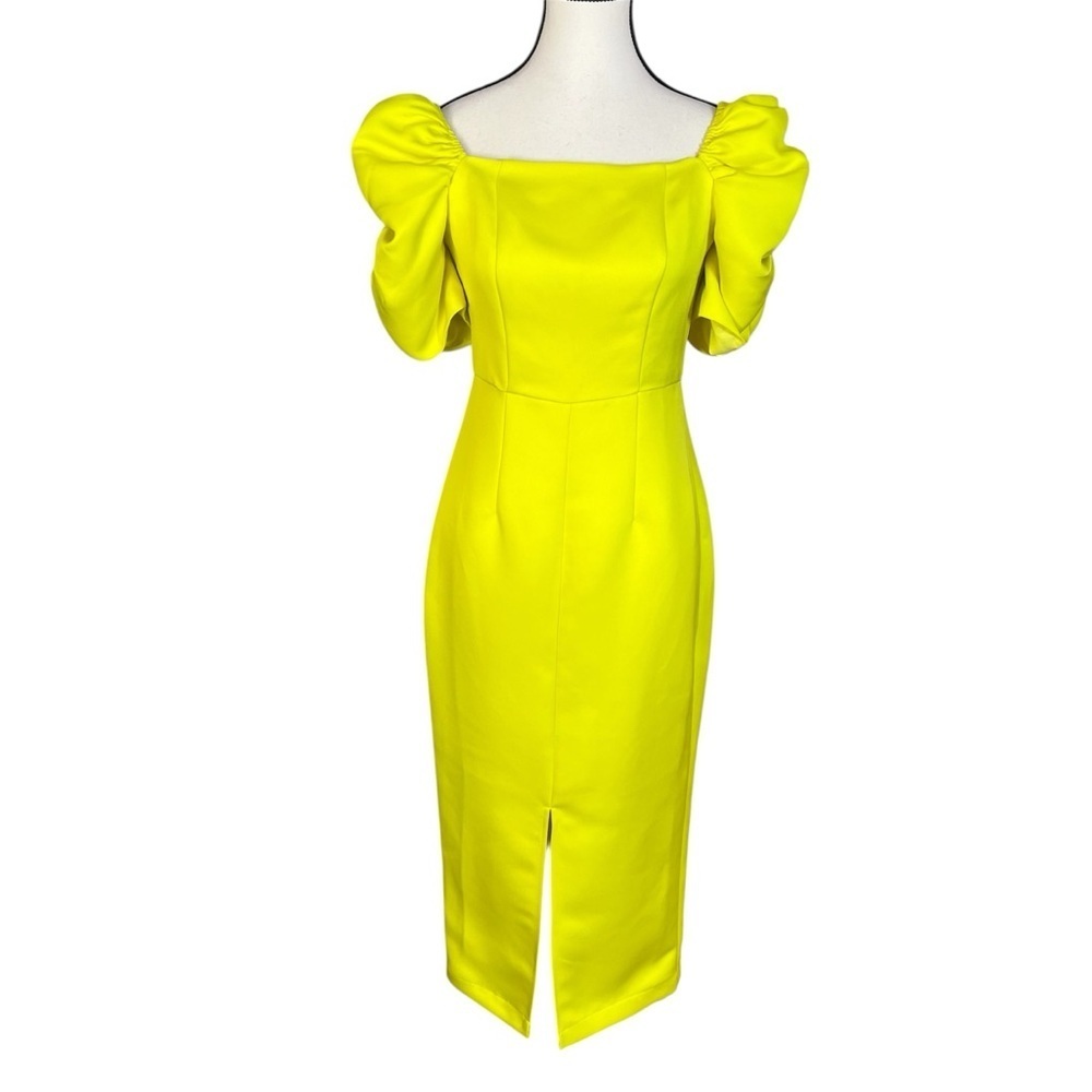 Revolve Yaura Tara Midi Dress Neon Yellow Women’s Size 2 Small Puff Sleeve NWT - Picture 2 of 8